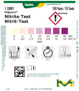 Produktetikett für Nitrit-Teststreifen 110007 von Merck (Supelco)