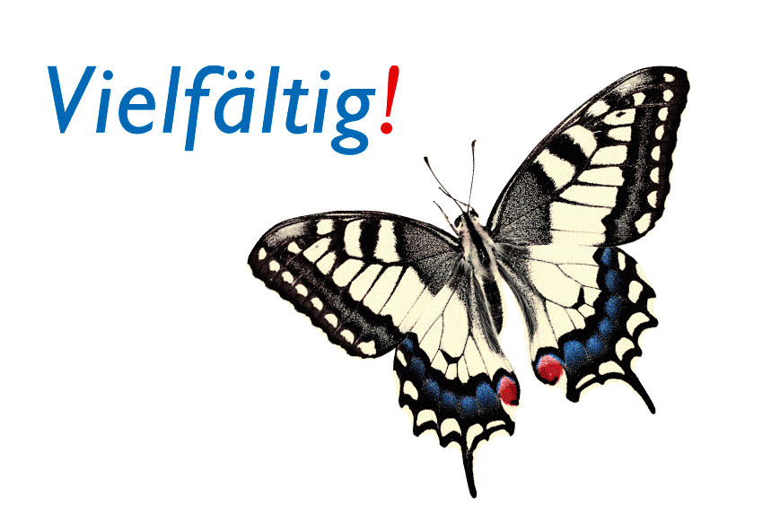LOLAB-Schmetterling mit dem Schriftzug 'Vielfältig!'
